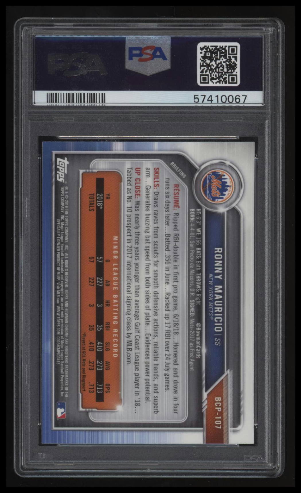 2019 Bowman Mega Box Chrome Ronny Mauricio Chrome-With Helmet PSA 10