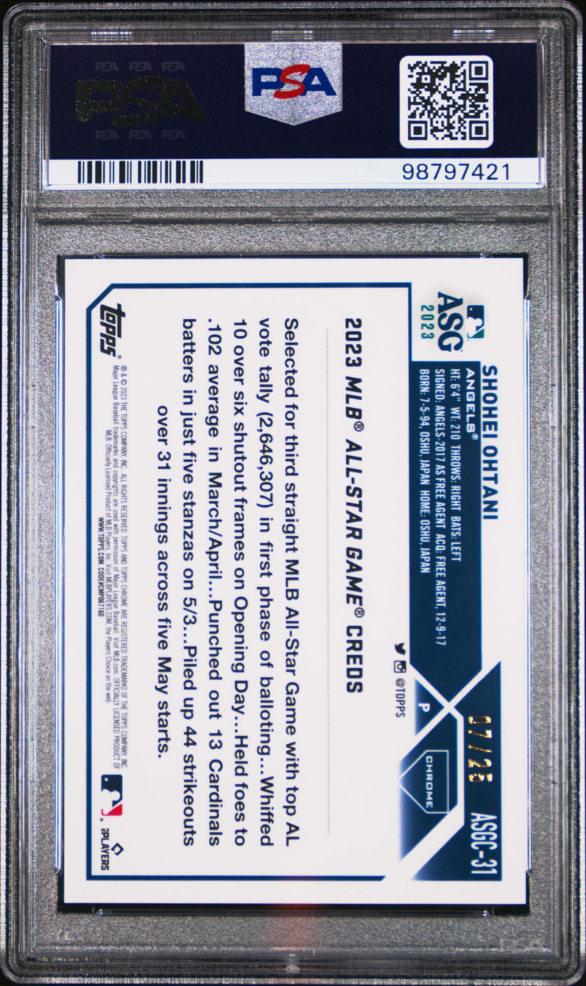 2023 Topps Chrome Update All-Star Game Shohei Ohtani Org Ref PSA 10