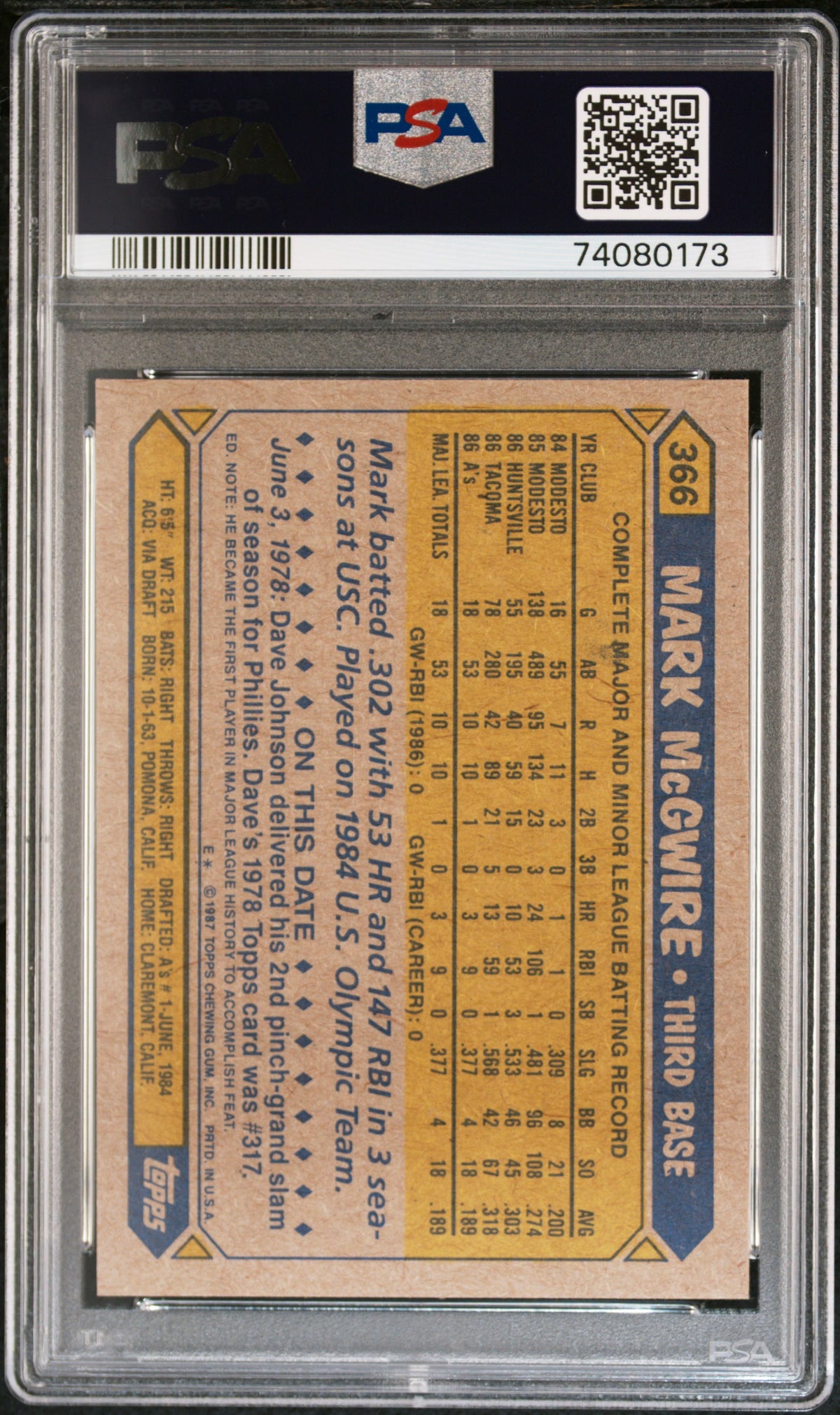 1987 Topps Mark Mcgwire PSA 9