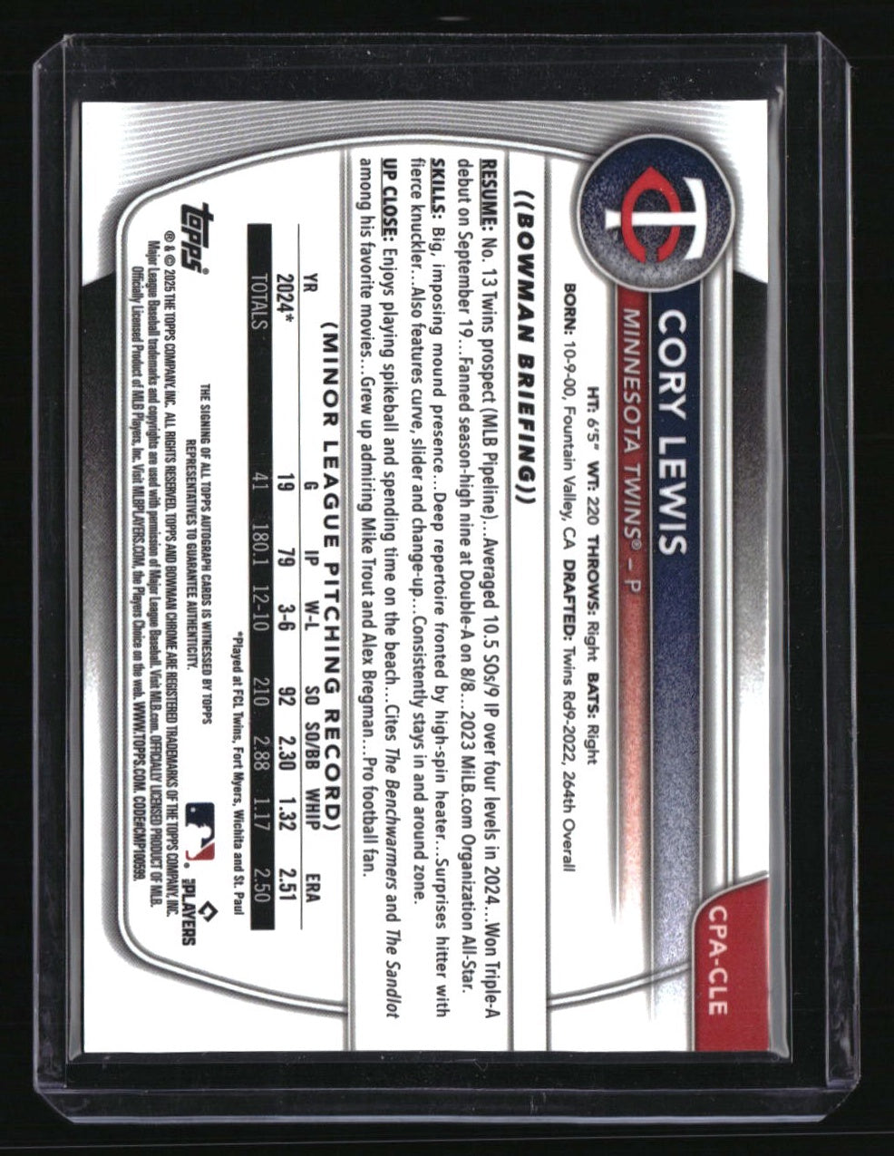 2025 Bowman Cory Lewis Chrome Prospects Autographs Orange Refractor #/25