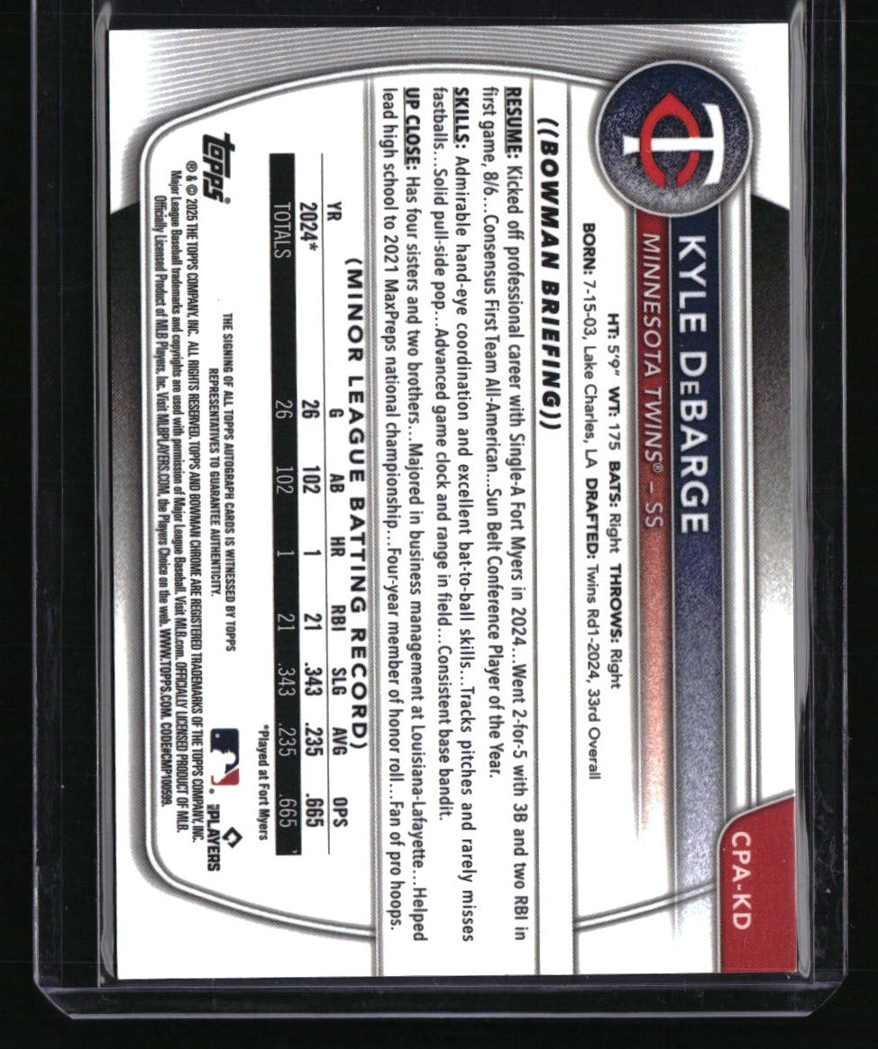 2025 Bowman Kyle DeBarge Chrome Prospects Autographs Purple Refractor #/250
