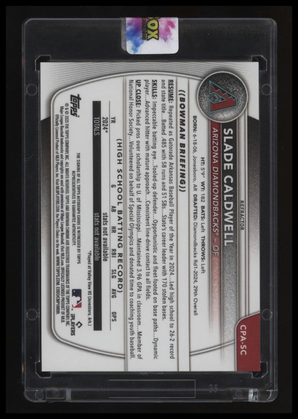 2025 Bowman Slade Caldwell Chrome Prospects Autographs Refractor #/499