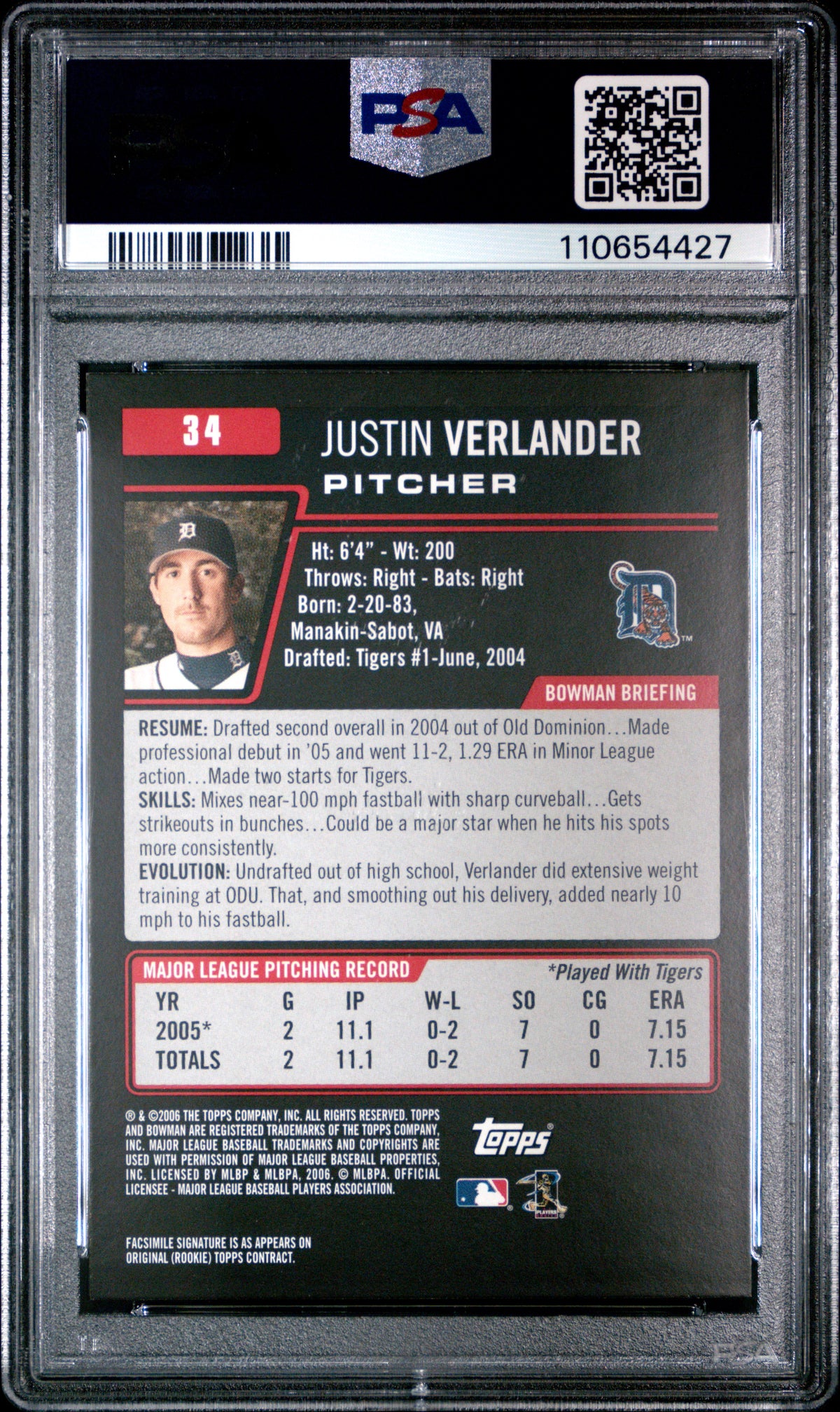 2006 Bowman Justin Verlander PSA 9