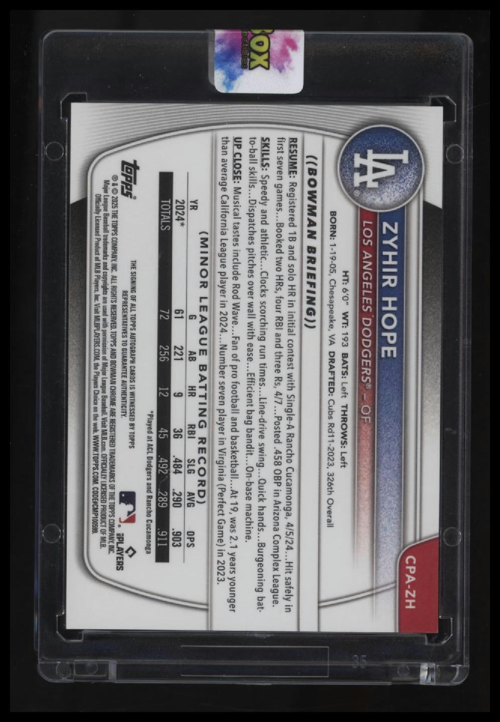 2025 Bowman Zyhir Hope Chrome Prospects Autographs Speckle Refractor #/299