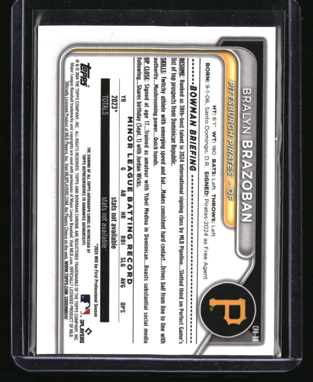 2024 Bowman Chrome Bralyn Brazoban Auto Reptilian Blue Refractors #/150