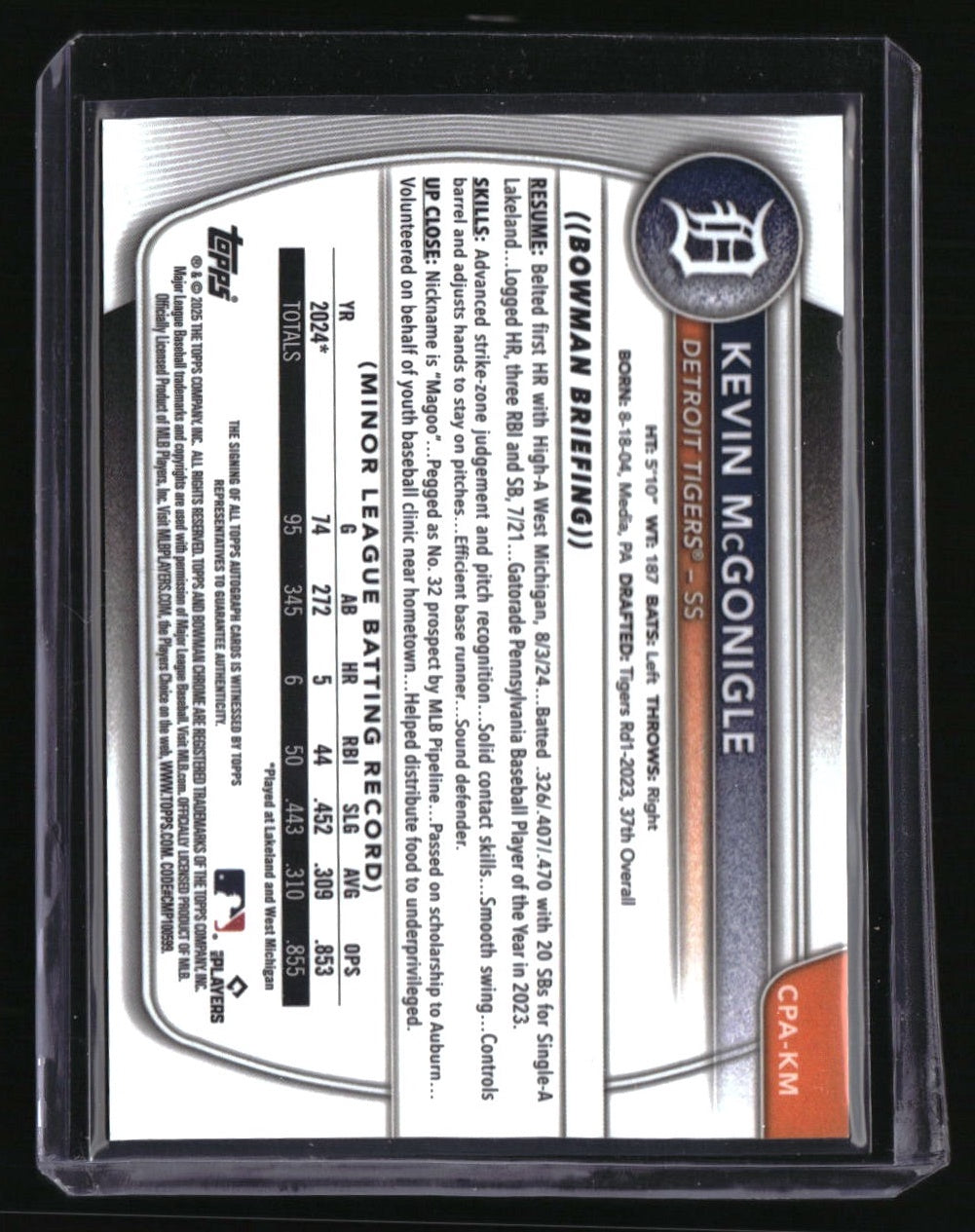 2025 Bowman Kevin McGonigle Chrome Prospects Autographs