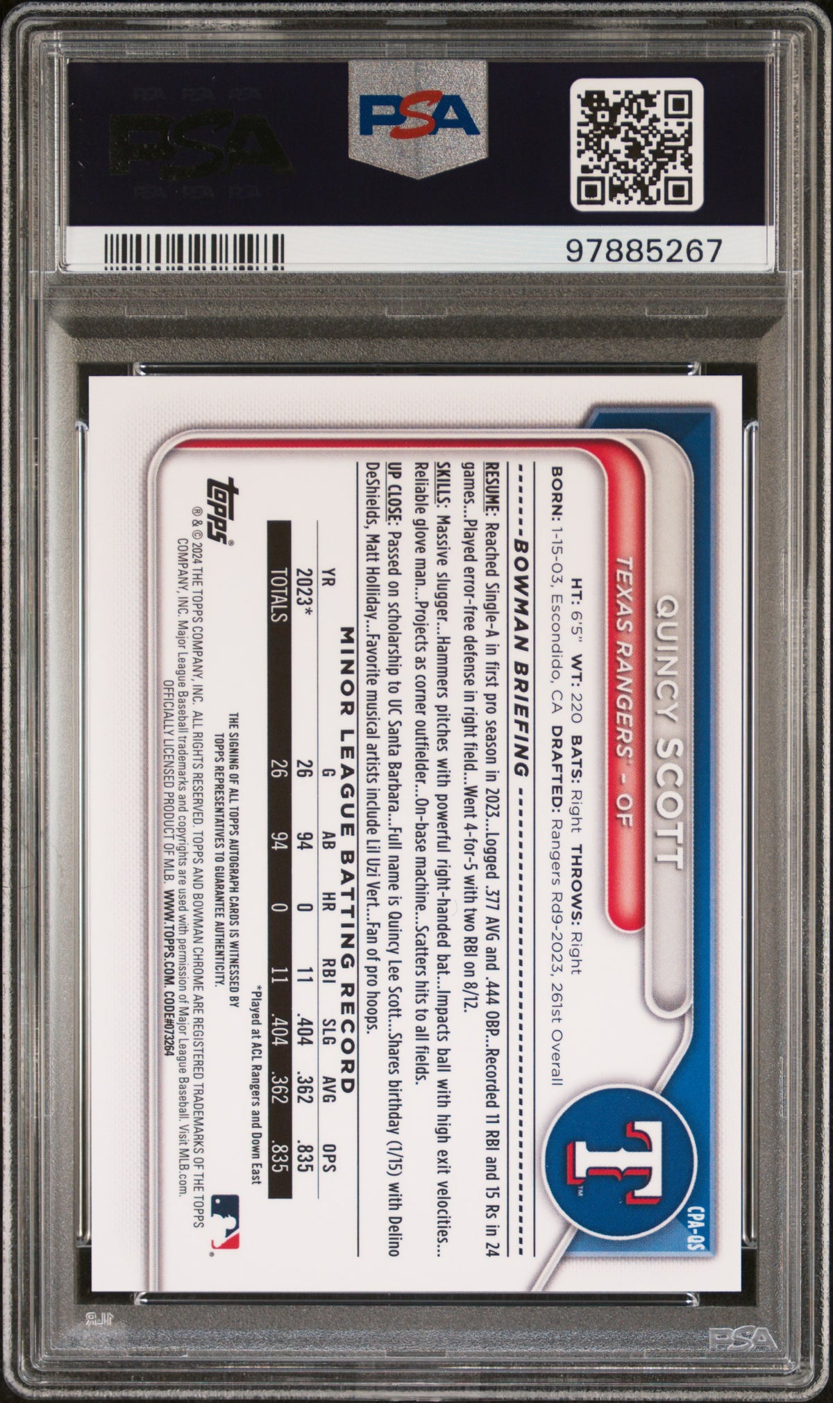 2024 Bowman Chrome Prospect Autographs Quincy Scott Prospect Autograph PSA 10