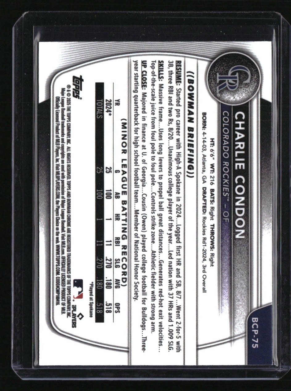 2025 Bowman Charlie Condon Chrome Prospects Purple Geometric Refractor #/250