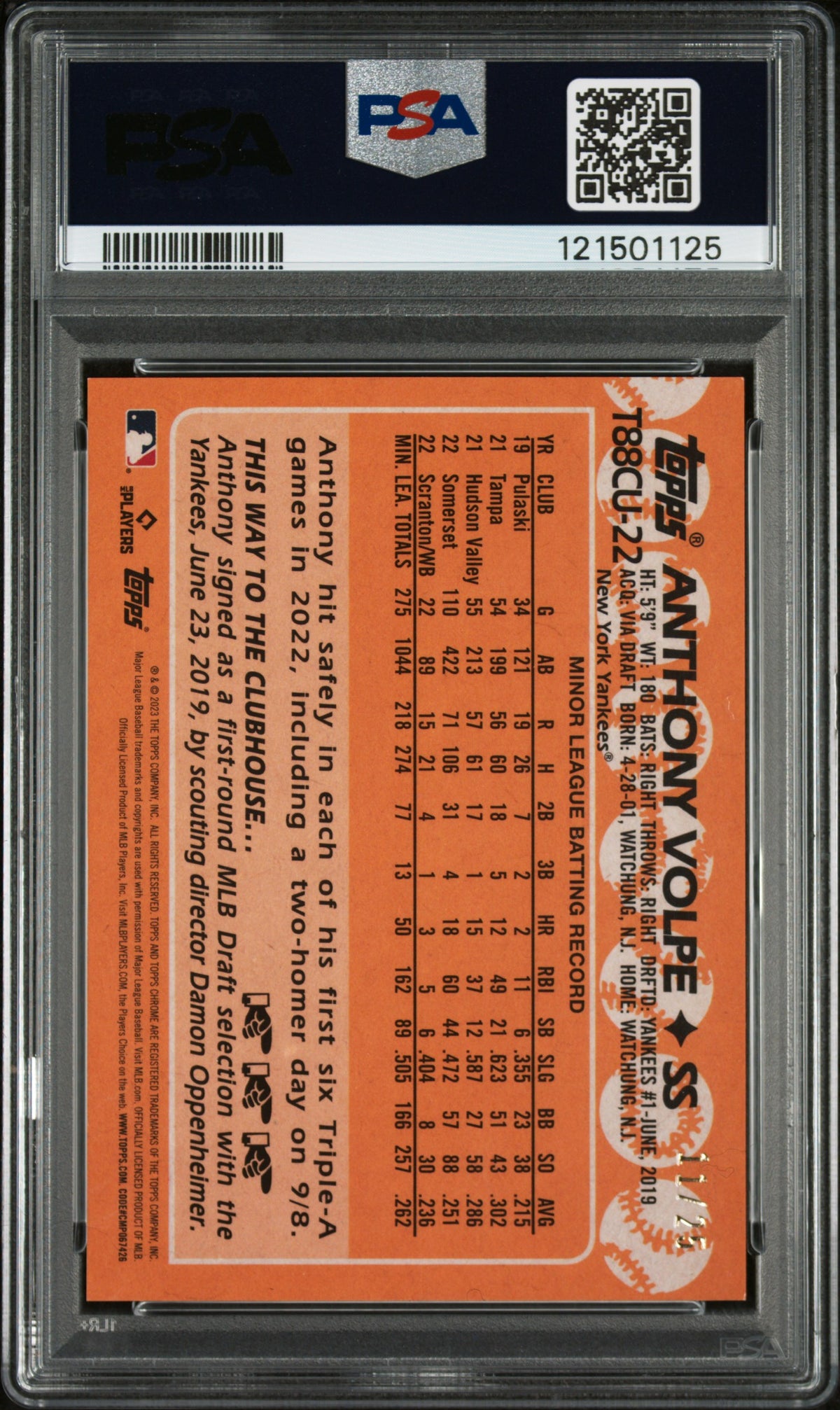 2023 Topps Silver Pack 1988 Chrome Promo Anthony Volpe Orange Refractor PSA 9