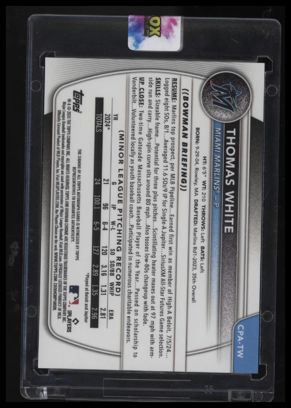 2025 Bowman Thomas White Chrome Prospects Autographs Gold Lava Refractor #/50