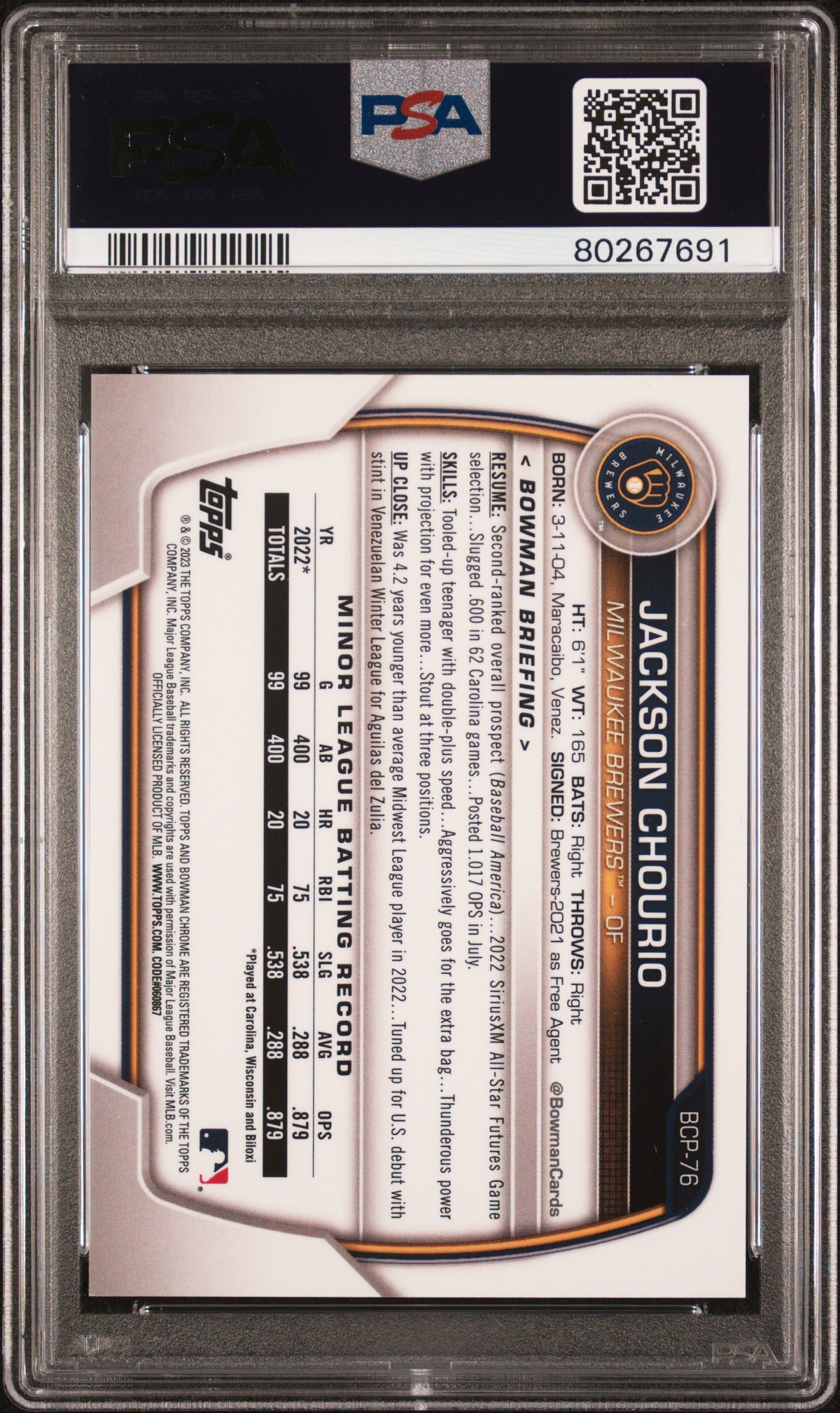 2023 Bowman Mega Box Chrome Jackson Chourio Chrome-Orange Refractor PSA 10