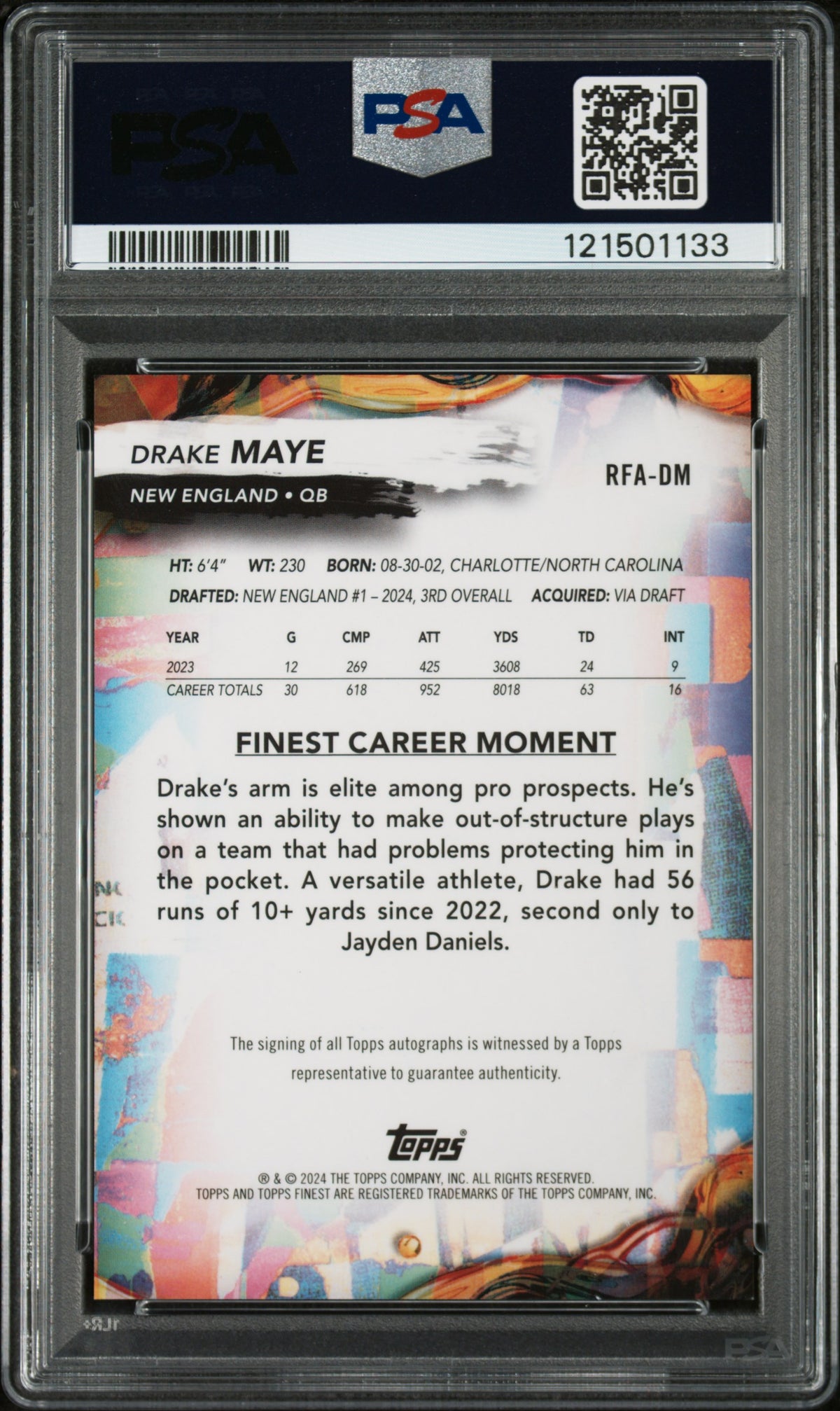 2024 Topps Finest Rookie Finest Autographs Drake Maye PSA 9