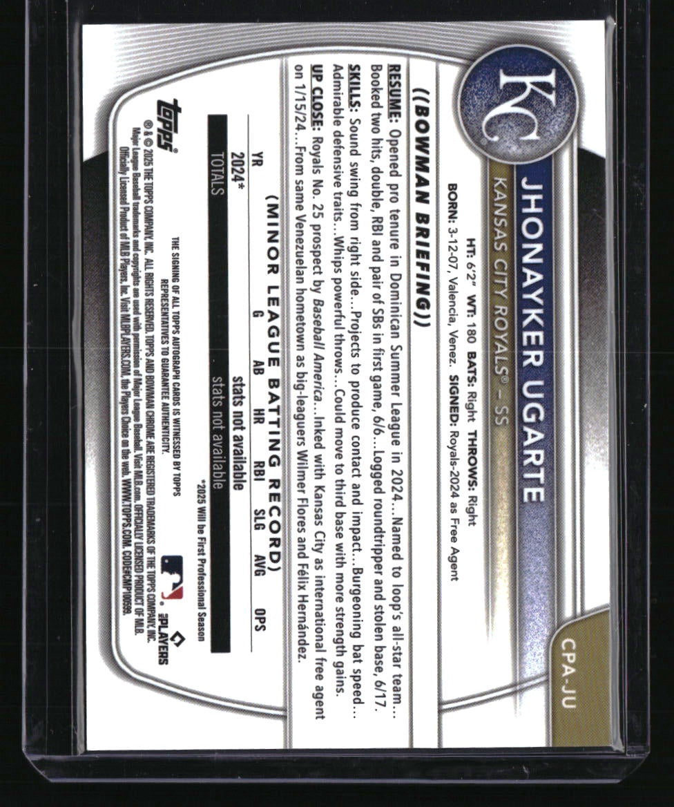 2025 Bowman Jhonayker Ugarte Chrome Prospects Autographs Blue X-Fractor #/150