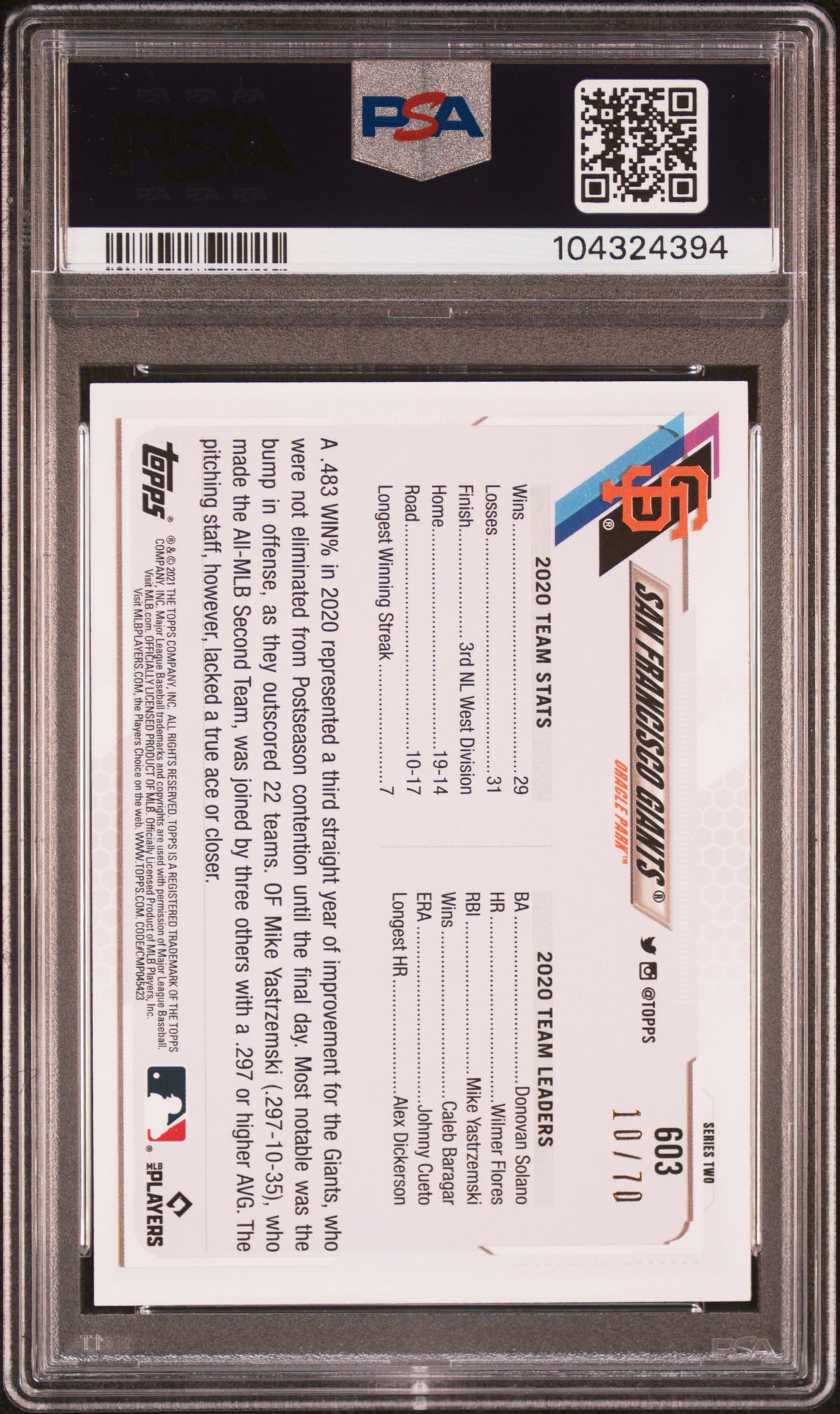 2021 Topps San Francisco Giants Black PSA 9