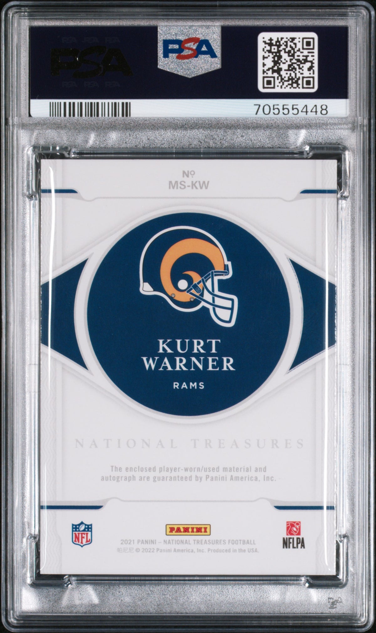 2021 Panini National Treasures Kurt Warner Material Signature PSA 9