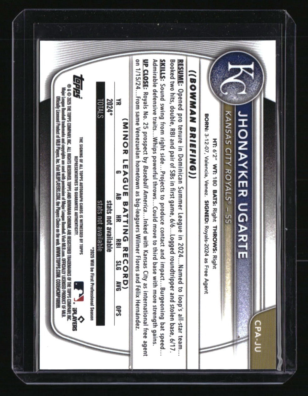 2025 Bowman Jhonayker Ugarte Chrome Prospects Autographs Speckle Refractor #/299