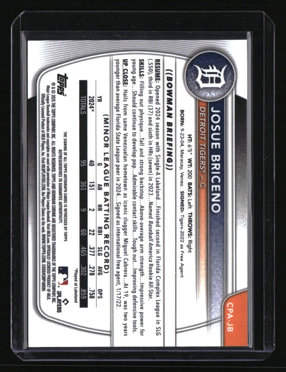 2025 Bowman Josue Briceno Chrome Prospects Autographs Speckle Refractor #/299
