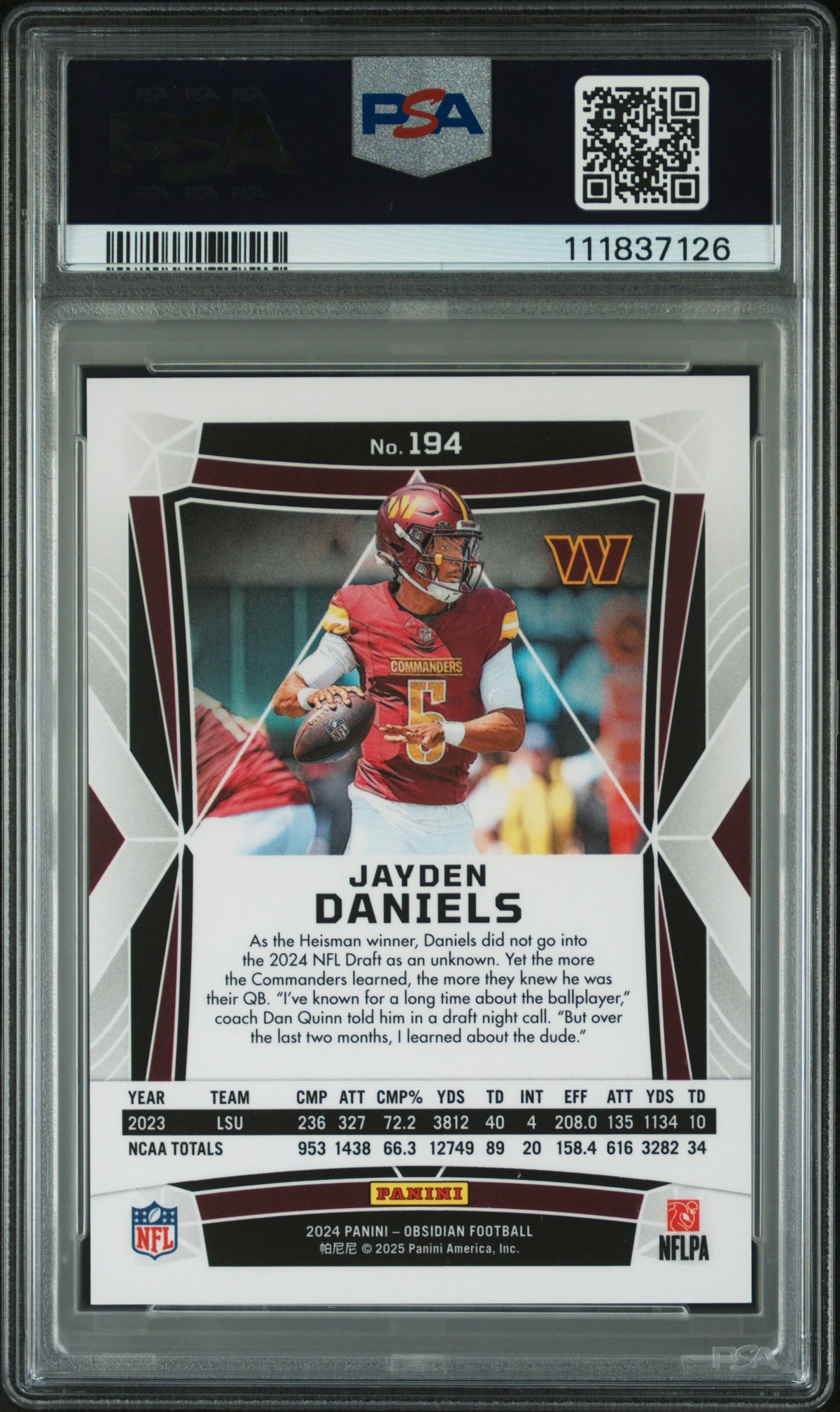 2024 Panini Obsidian Jayden Daniels PSA 10