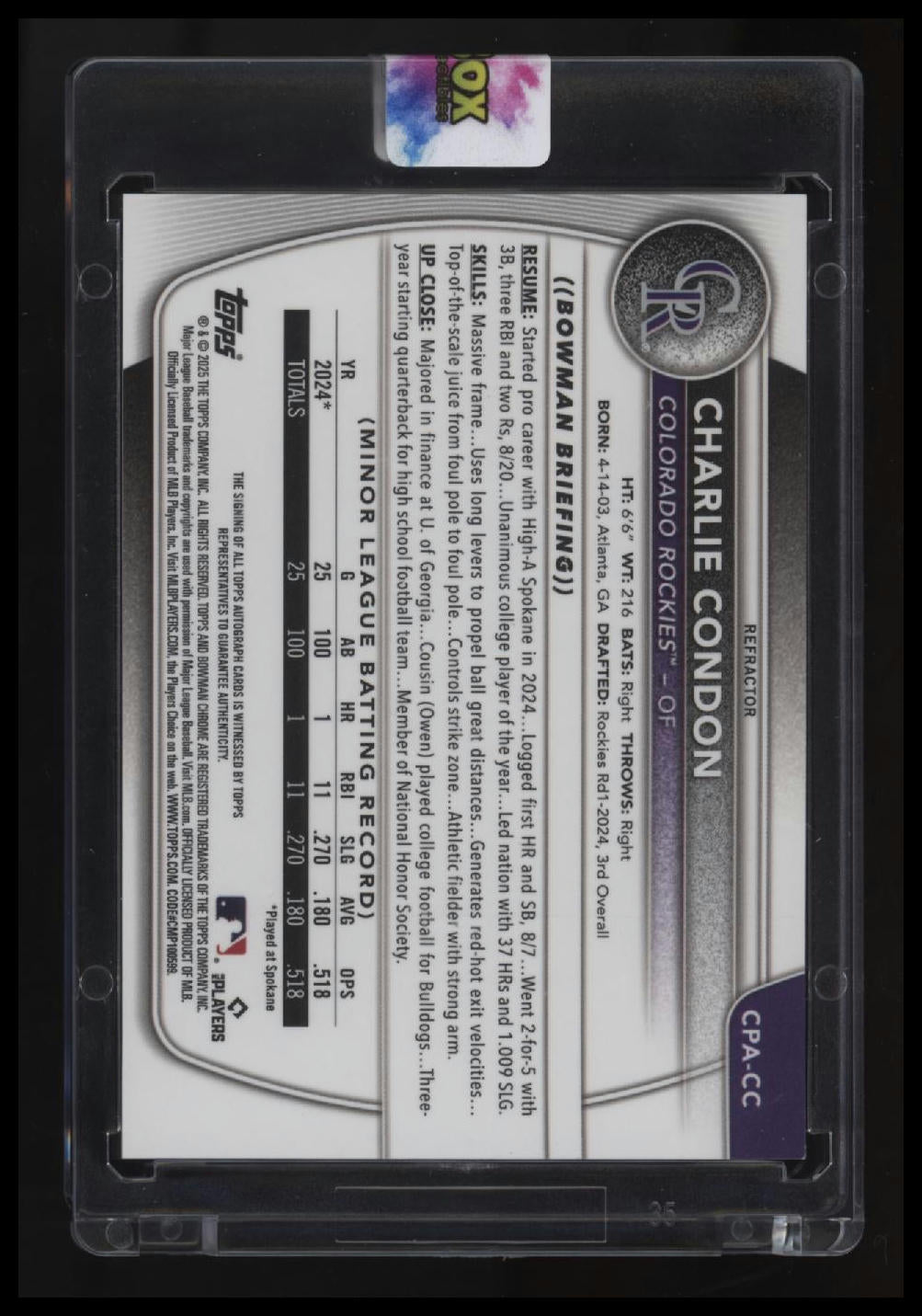 2025 Bowman Charlie Condon Chrome Prospects Autographs Refractor #/499