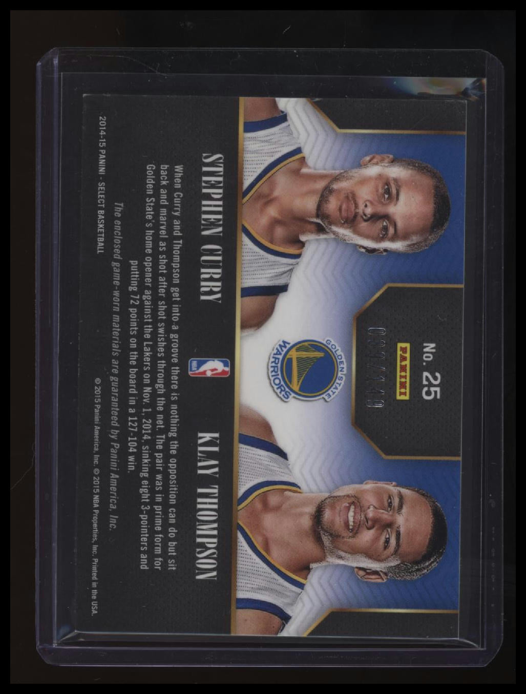2014-15 Panini Select Klay Thompson / Stephen Curry Double Team Jerseys #/149