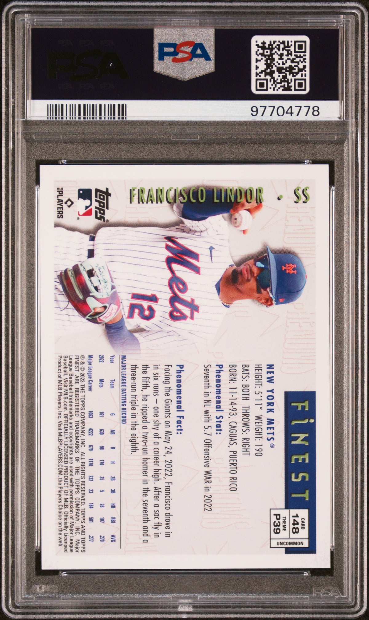 2023 Topps Finest Flashbacks Francisco Lindor Refractor Protector PSA 10