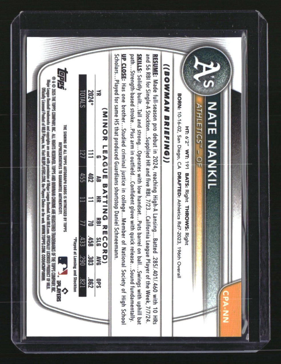 2025 Bowman Nate Nankil Chrome Prospects Autographs Gold Refractor #/50