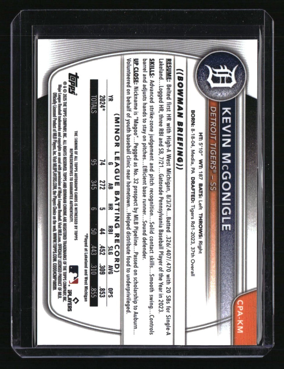 2025 Bowman Kevin McGonigle Chrome Prospects Autographs