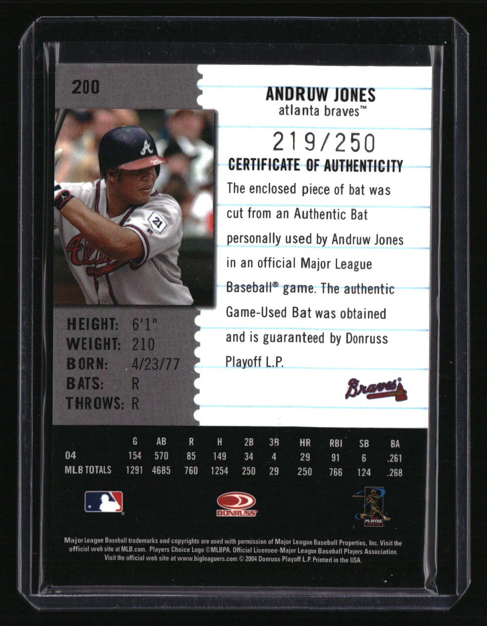 2005 Leaf Century Andruw Jones Material Bat #/250