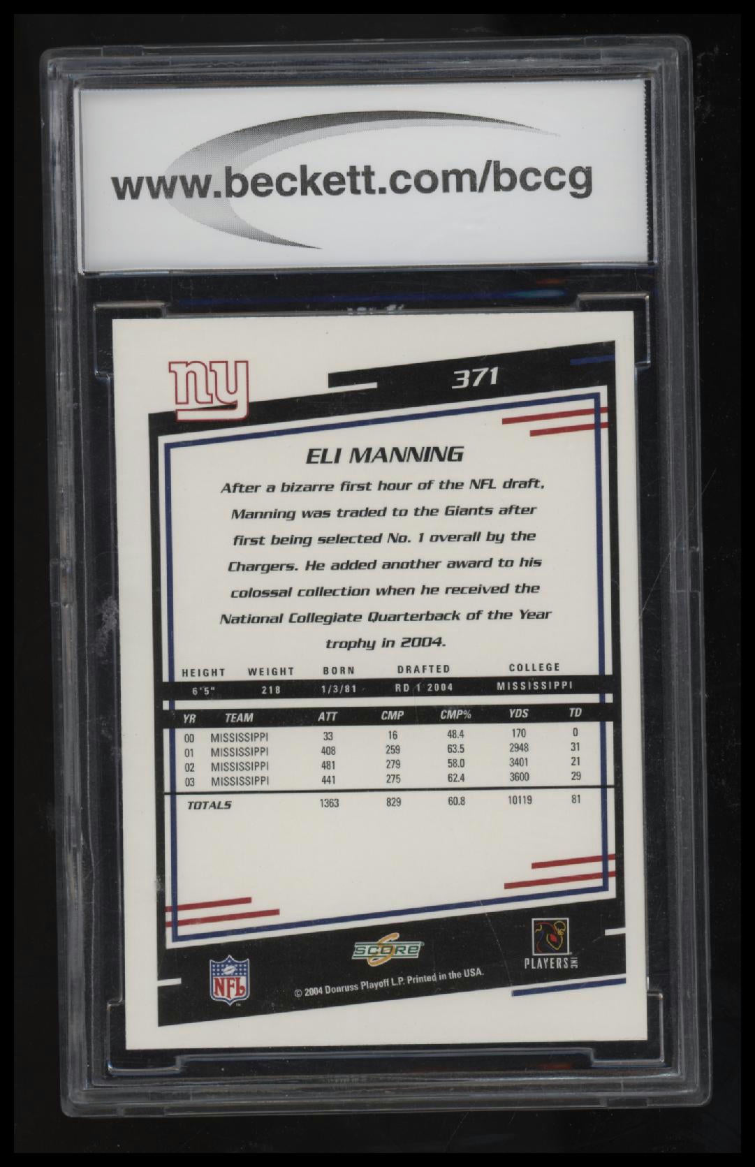 2004 Score Eli Manning BCCG 10.0