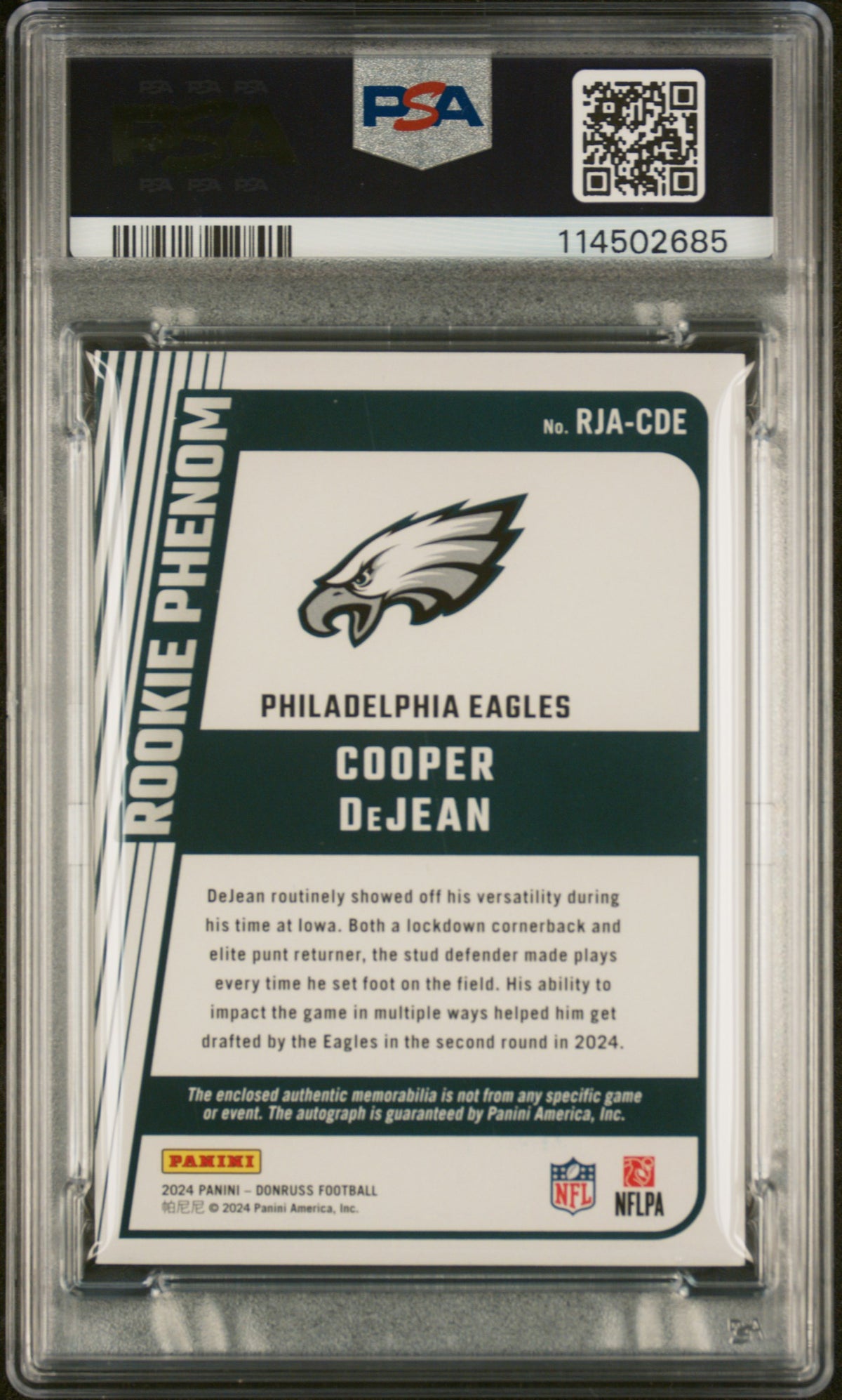 2024 Panini Donruss Rookie Phenom Jersey Autographs Cooper Dejean PSA 9