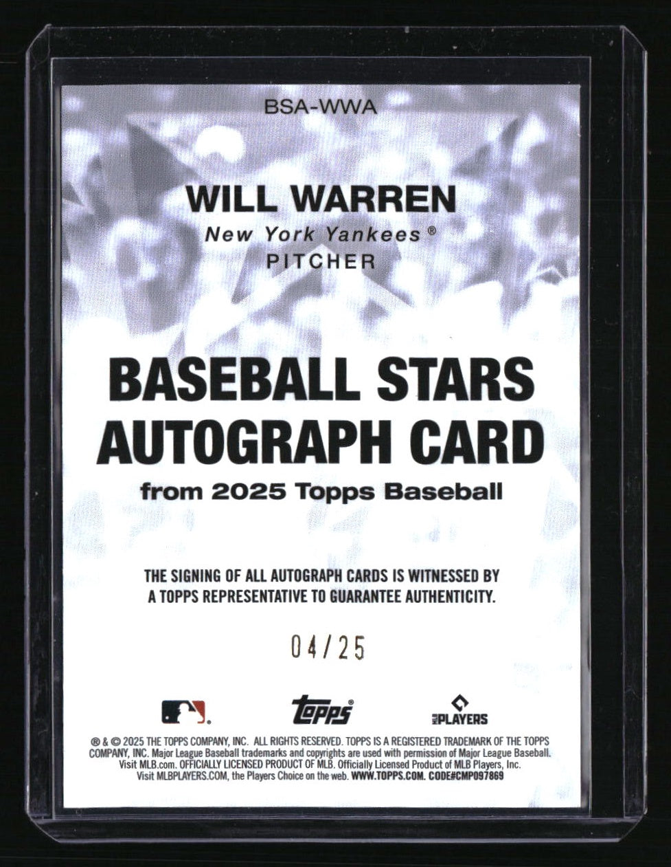 2025 Topps Will Warren Baseball Stars Autographs Orange (Series One) #/25