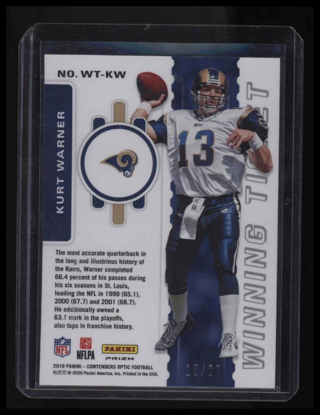 2019 Panini Contenders Optic Kurt Warner Winning Tickets Green Pulsar #/27