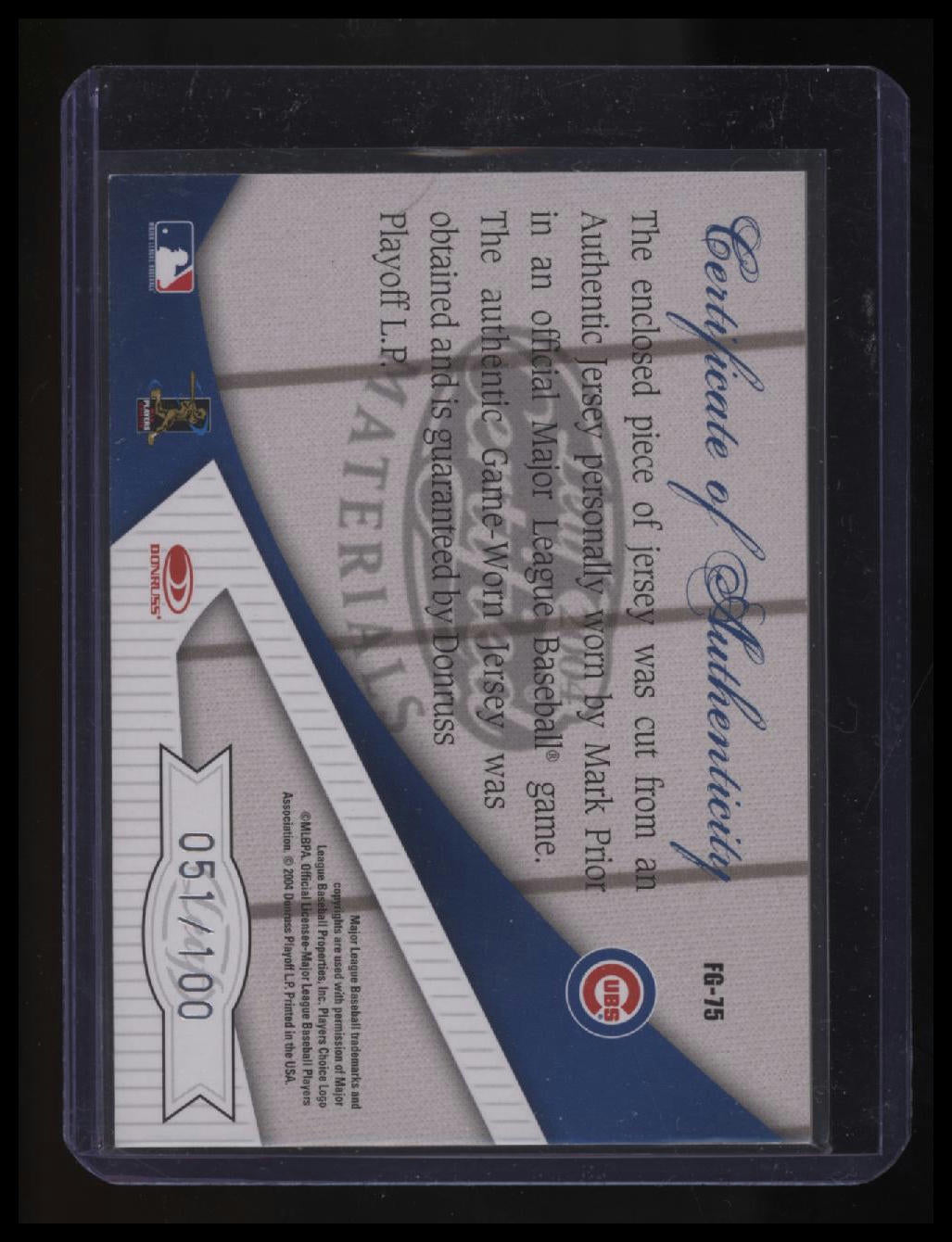 2004 Leaf Certified Materials Mark Prior Fabric of the Game #/100