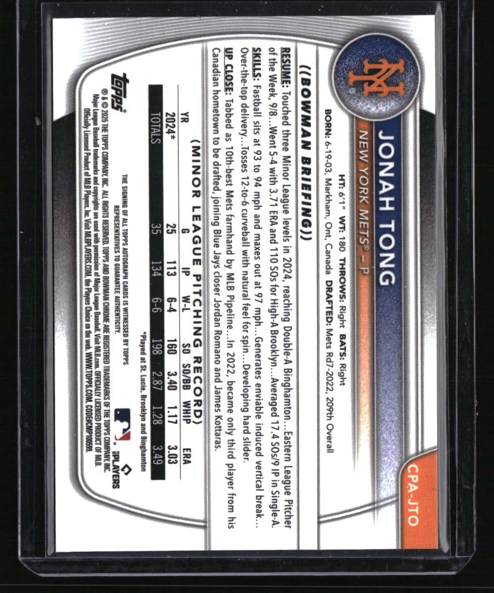 2025 Bowman Jonah Tong Chrome Prospects Autographs