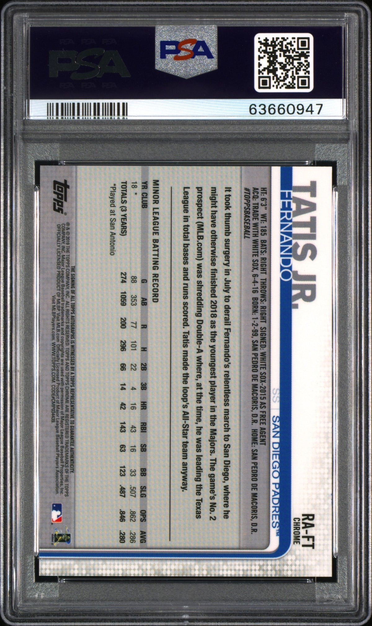 2019 Topps Chrome Rookie Autographs Fernando Tatis Jr. Rookie Autographs PSA 9