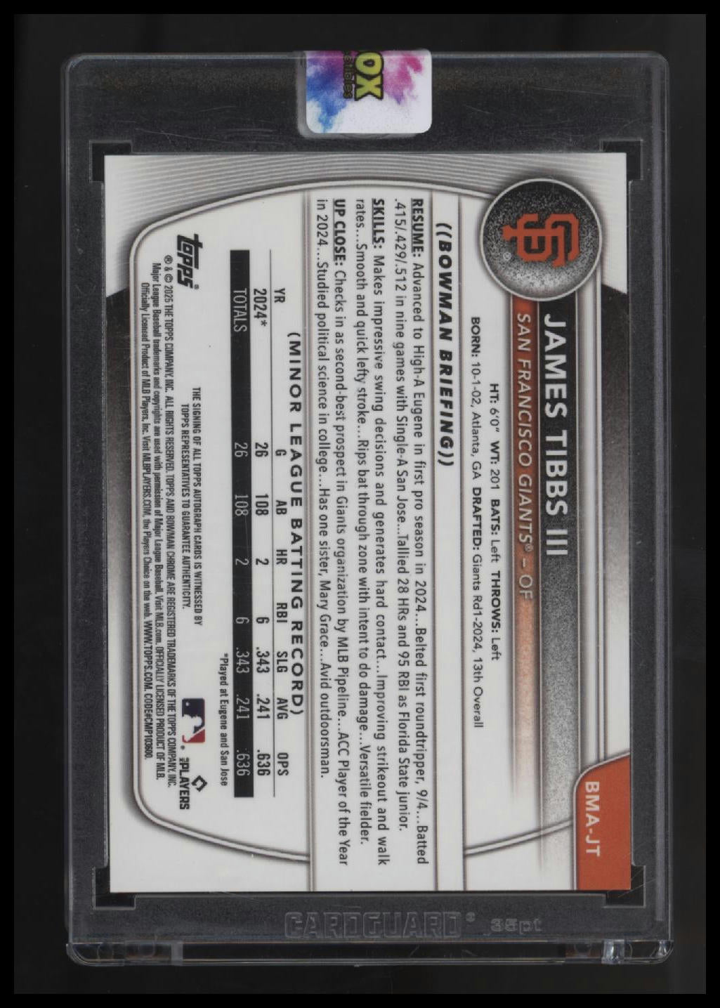 2025 Bowman James Tibbs III Chrome Prospects Autos Mojo Orange Refractor #/25