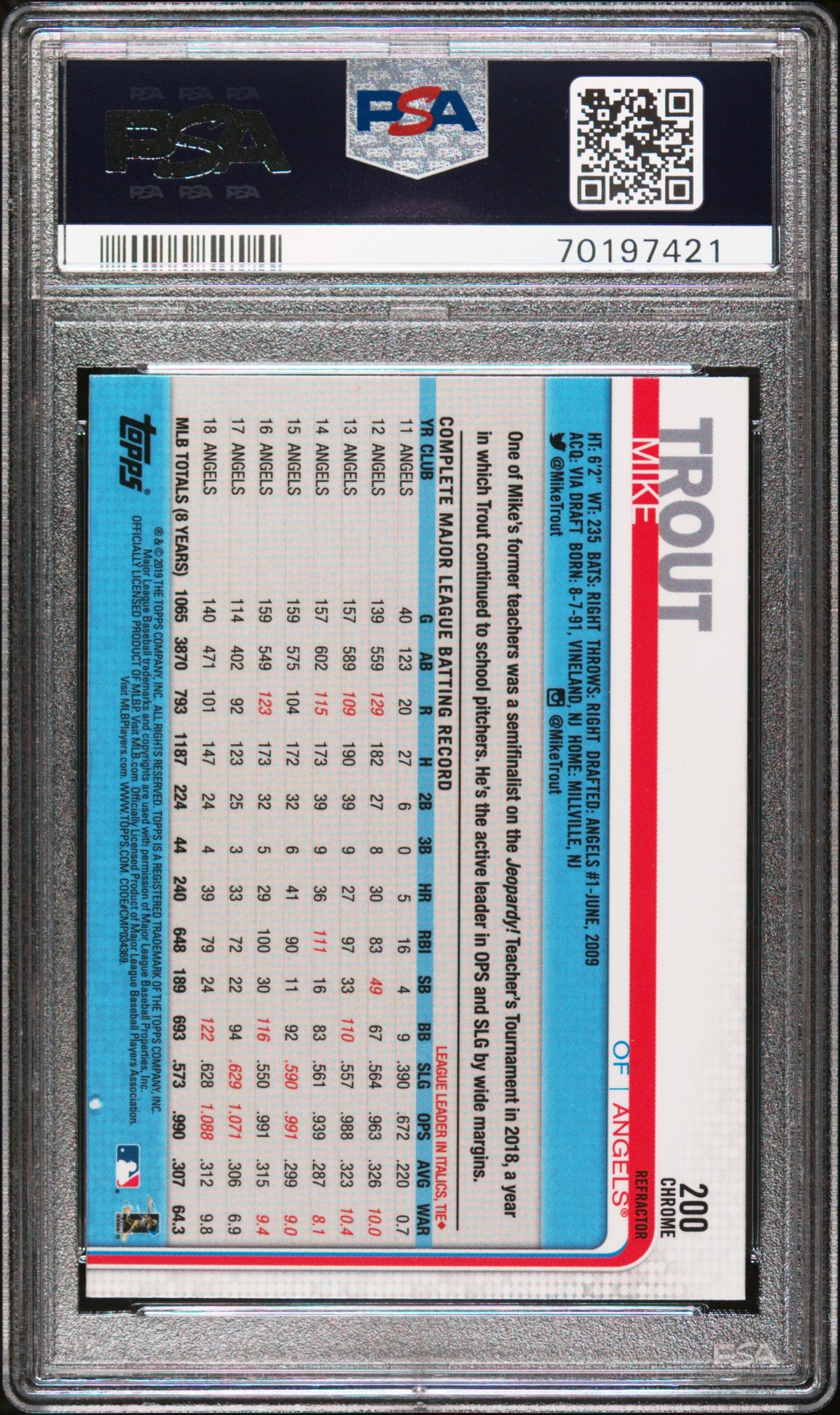 2019 Topps Chrome Mike Trout Jumping-Sepia Refractor PSA 9