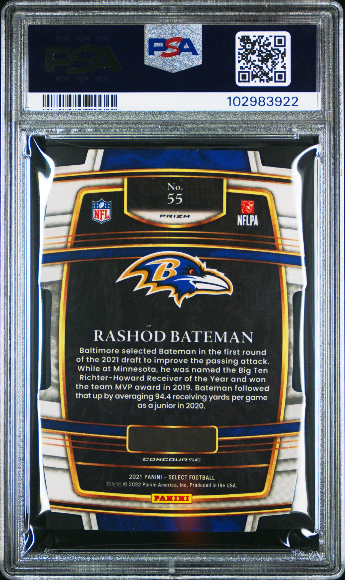 2021 Panini Select Rashod Bateman Die-Cut Zebra Prizm PSA 10