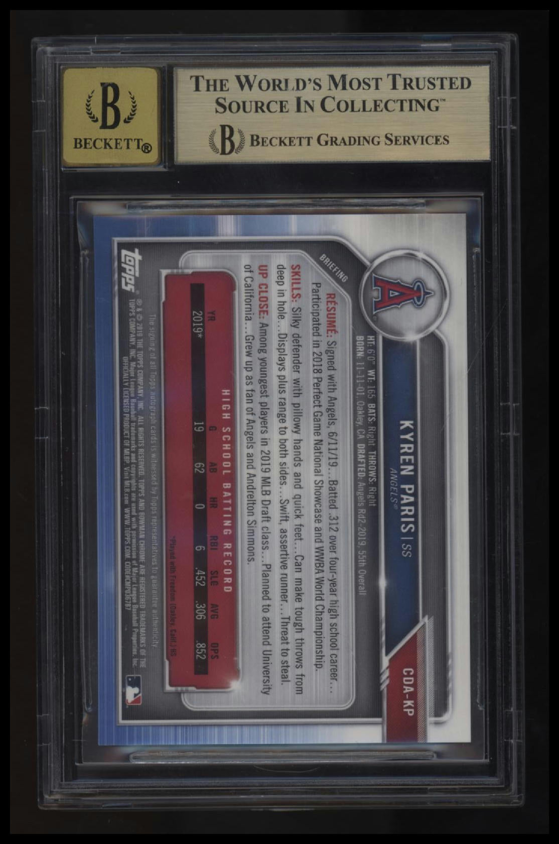 2019 Bowman Chrome Draft Autographs Green Refractors Kyren Paris BGS 9.5