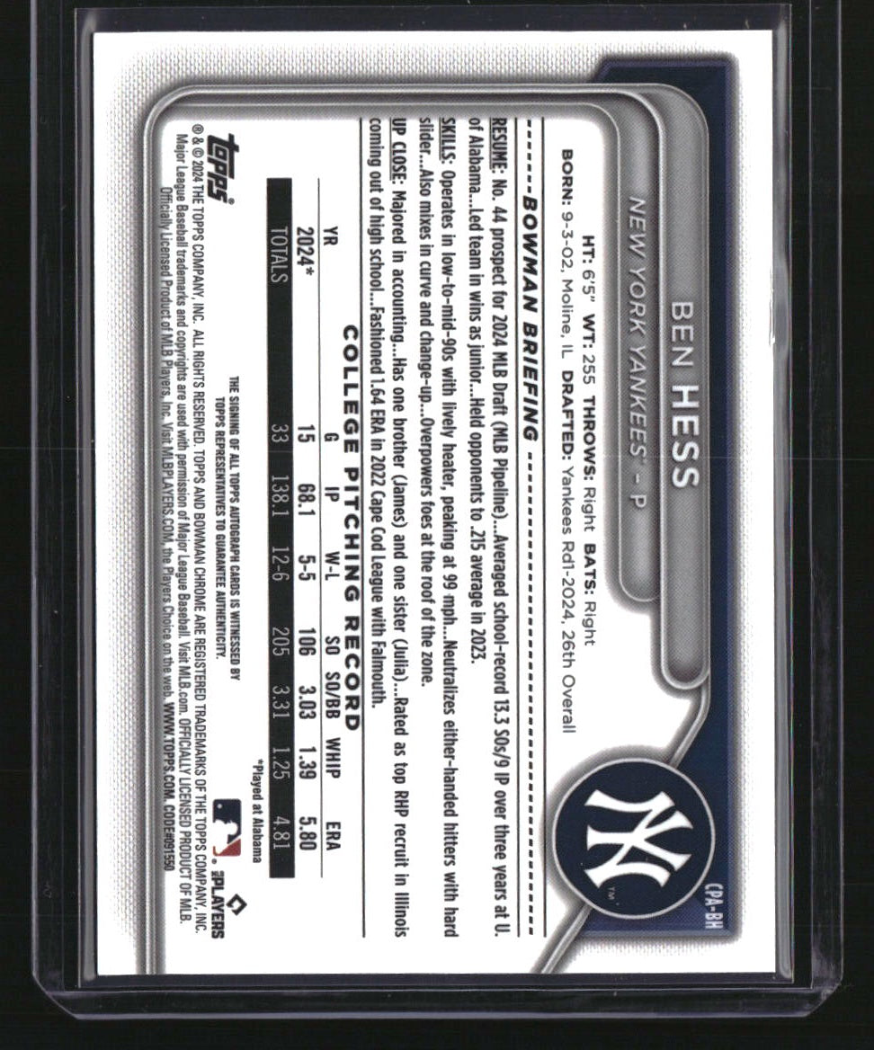 2024 Bowman Draft Ben Hess Chrome Prospect Autographs