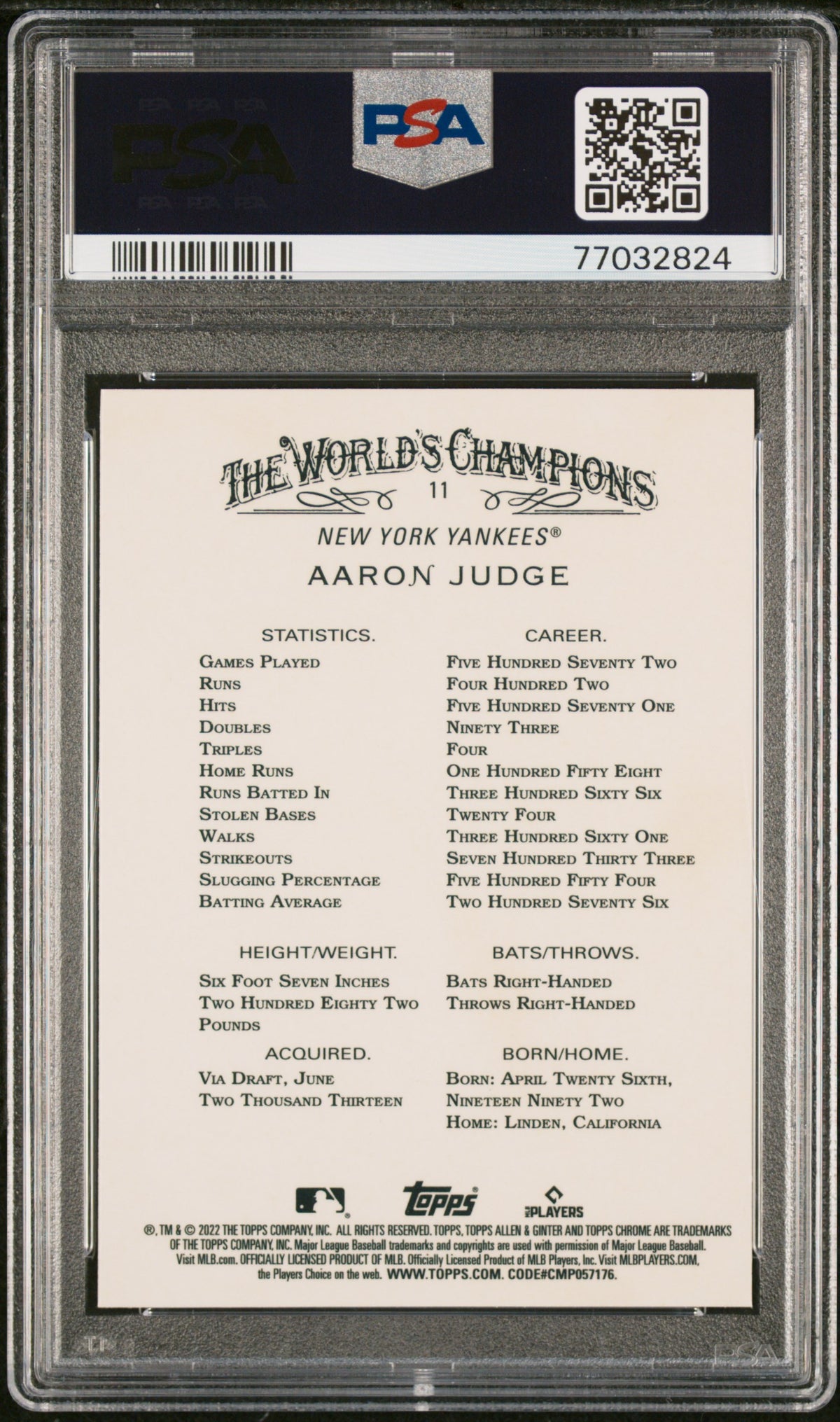 2022 Topps Allen &amp; Ginter Chrome Aaron Judge PSA 10