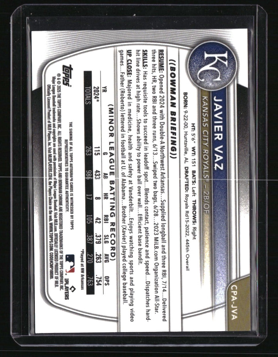 2025 Bowman Javier Vaz Chrome Prospects Autographs Green Grass Refractor #/99