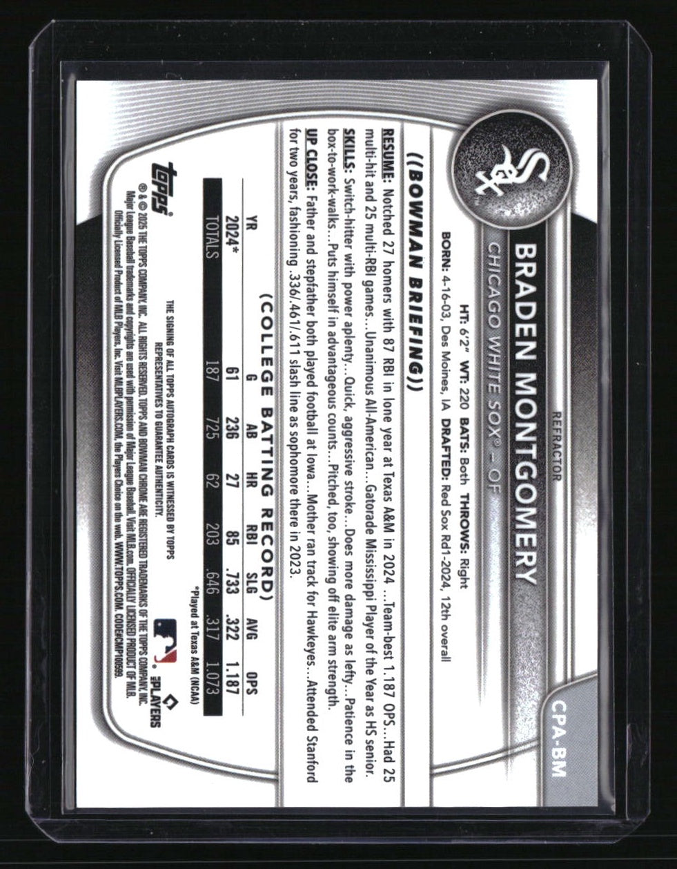2024 Bowman Draft Braden Montgomery Chrome Prospect Autographs Refractor #/499
