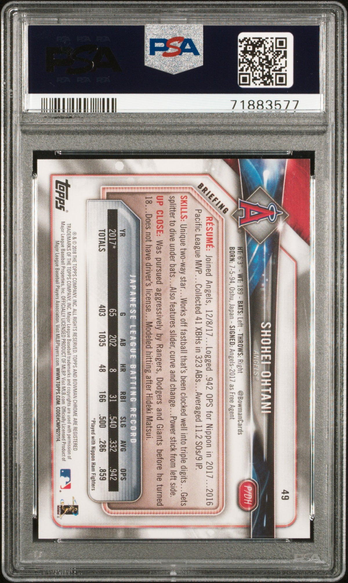 2018 Bowman Shohei Ohtani PSA 9