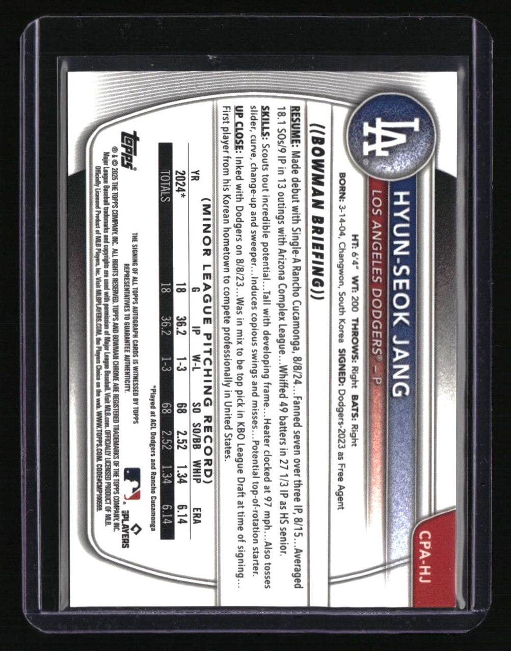 2025 Bowman Hyun-Seok Jang Chrome Prospects Autographs HTA Choice #/150