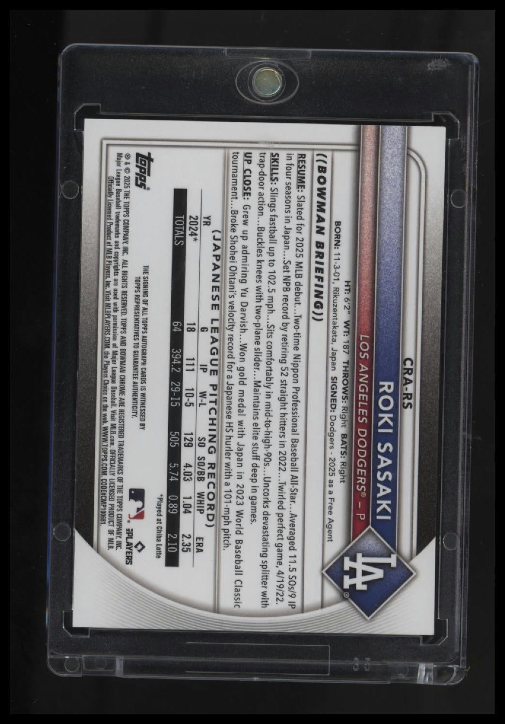 2025 Bowman Roki Sasaki Chrome Rookie Autographs Mini Diamond Refractor #/100