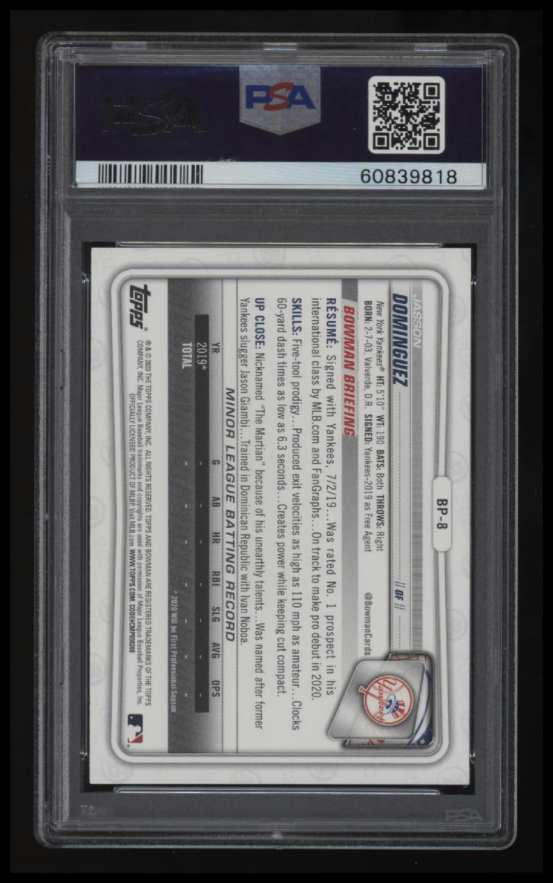 2020 Bowman Paper Prospects Jasson Dominguez Paper Prospects PSA 10