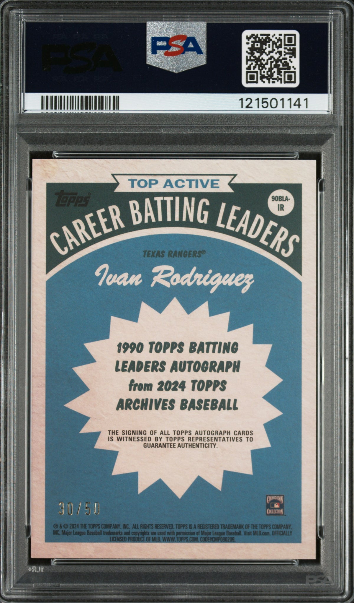 2024 Topps Archives 1990 Batting Leaders Auto Ivan Rodriguez Gold Flbrd PSA 9
