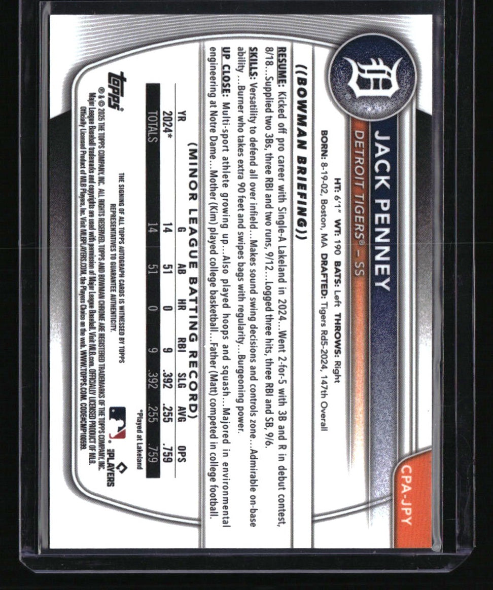2025 Bowman Jack Penney Chrome Prospects Autographs Green Grass Refractor #/99