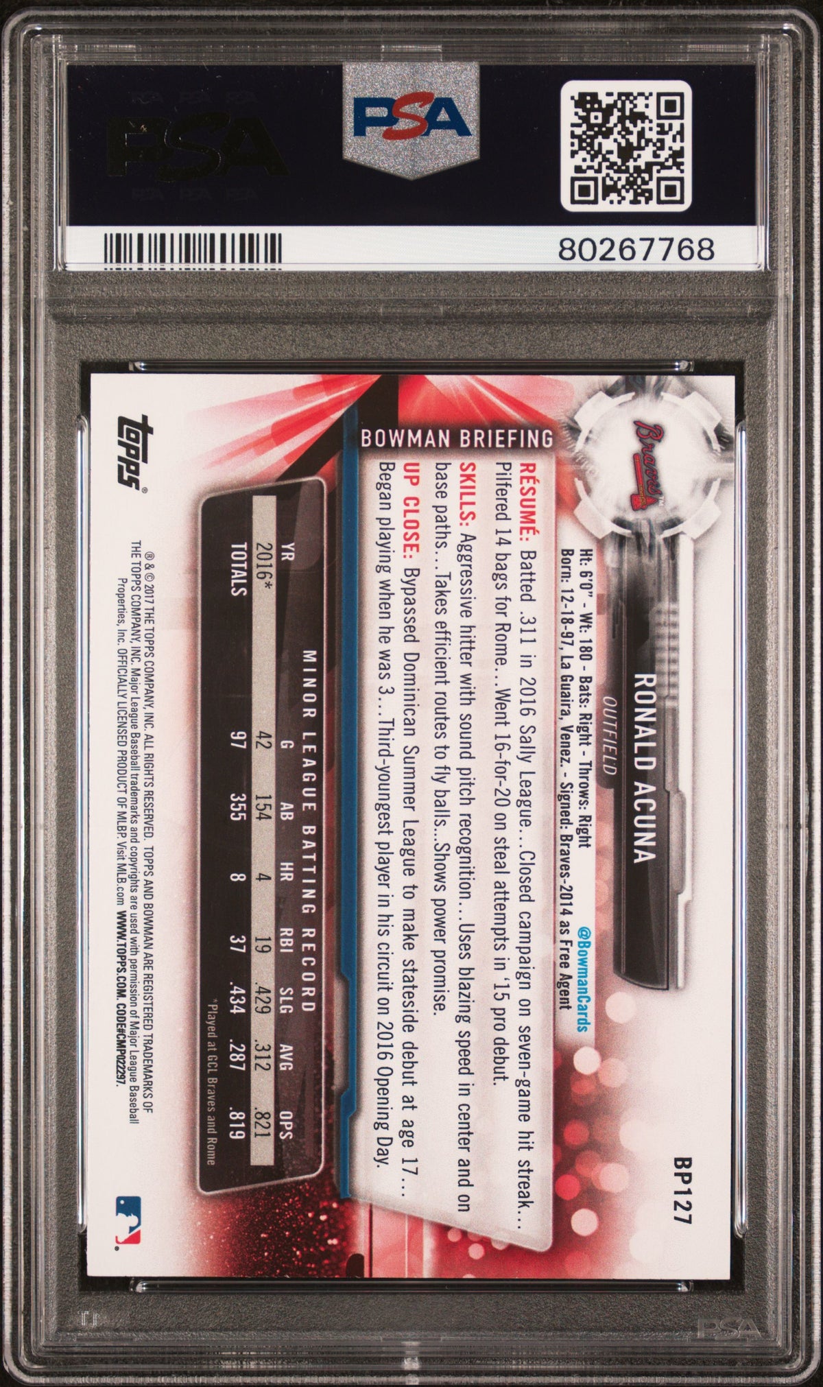 2017 Bowman Prospects Ronald Acuna Prospects PSA 10